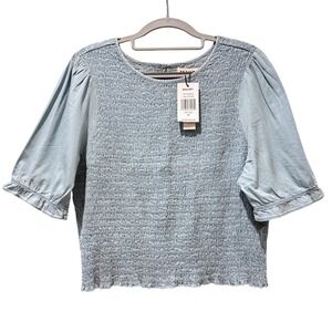 Mauby Womens Smocked Puff Sleeve Blouse Blue Chambray Casual Shirt‎ Top 1X